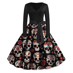 Trailrest Halloween Kostüm Damen, Totenkopf Printed Kostüm Karneval Damen Mittelalter Kleidung Damen Cocktailkleid Wadenlang Halloween Kleid Schwarzes Rüschenkleid von Trailrest