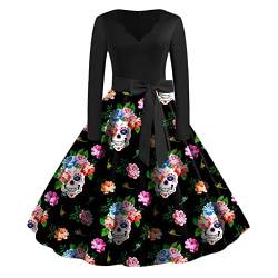 Trailrest Halloween Kostüm Damen, Totenkopf Printed Kostüm Karneval Damen Mittelalter Kleidung Damen Cocktailkleid Wadenlang Halloween Kleid Schwarzes Rüschenkleid von Trailrest