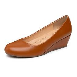 Trary Damen-Pumps mit Keilabsatz, runde Zehen, mittelhohe Absätze, bequem, geschlossene Zehen, elegante Schuhe, Damen-Pumps, Keilschuhe für Hochzeit, Arbeit, Büro, Party, Braun, 39 EU von Trary