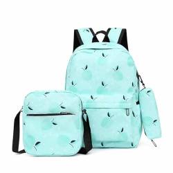 Treer Schulrucksack Set 3tlg Schulrucksack Teenager mit Lunchpaket Tasche und Federmäppchen, Jungen & Mädchen Schulrucksack Mehrere Taschen Schulranzen Rucksack Schule (grüner Apfel) von Treer