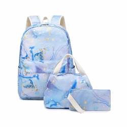 Treer Schulrucksack Set 3tlg Schulrucksack Teenager mit Lunchpaket Tasche und Federmäppchen, Mädchen & Jungen Schulrucksack Batikdruck Schulranzen Spritzwassergeschützt Rucksack Schule (Blau) von Treer