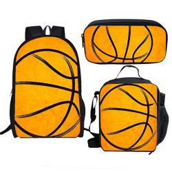 Treer Schulrucksack Set 3tlg. Schulrucksack Teenager mit Lunchpaket Tasche und Federmäppchen, 3D Flame Basketball Druck Mädchen & Jungen Schulrucksack Schulranzen Rucksack Schule (Basketball) von Treer