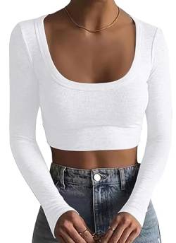 TrendiMax Damen Langarmshirt Crop Tops Basic T-Shirt Slim Fit Sexy Oberteile Casual Rundhals Tee Shirt Bauchfrei Langarm Pullover, Weiß, M von TrendiMax