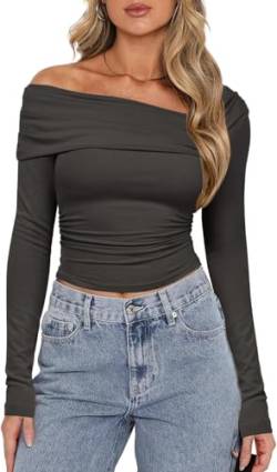 TrendiMax Damen Langarmshirt Elegant Stretch Pullover Slim Fit One Off Shoulder Oberteil Langarm Tshirts Schulterfrei Asymmetrischer Sexy Enge Tops Y2K Crop Top (XL, Dunkelgrau) von TrendiMax