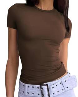 TrendiMax Damen T-Shirt Slim Fit Y2K Oberteile Sexy Cropped Sommer Tops Basic Tee Rundhals Crop Top Einfarbig Kurzarm T Shirt (S, Kaffee) von TrendiMax