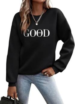 TrendiMax Pullover Damen Herbst Übergangs Sweatshirt Briefe Drucken Rundhals Langarm Pulli Locker Casual Oberteile Streetwear Sweatshirts ohne Kapuze (L, Schwarz) von TrendiMax