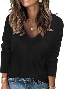 TrendiMax Pullover Damen V Ausschnitt Strickpullover Elegant Herbst Frühling Casual Oberteile Langarm Sweatshirt Basic Tops (L, Schwarz) von TrendiMax