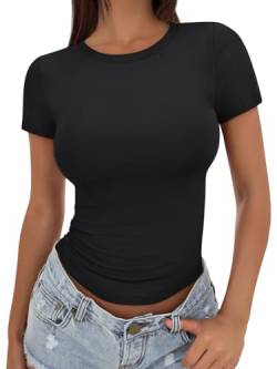 Trendy Queen Damen-T-Shirt, kurzärmelig, schmale Passform, weicher Rundhalsausschnitt, bauchfreies Y2K-T-Shirt, Sommer, niedlich, Fitnessstudio, modische Kleidung, Schwarz, X-Klein von Trendy Queen