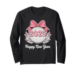 2025 Neujahr Discokugel Rosa Schleife Retro Urlaub Frauen Mädchen Langarmshirt von Trendy Retro Disco Ball Happy 2025 New Year Shirts