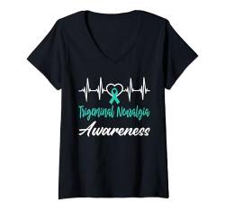 Damen Band für Trigeminusneuralgie, Bewusstsein für Liebe, Herzschlag, Blaugrün T-Shirt mit V-Ausschnitt von Trigeminal Neuralgia Awareness Products (Lwaka)