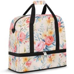 Faltbare Reisetasche für Damen und Herren, 47 l, Wochenendtasche mit Trolleyhülle, nasse getrennte Schultertasche, Tragetasche für Sport, Fitnessstudio, Reisen, Aquarell, Blume, Blumenmuster, farbe, von TropicalLife