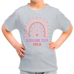 Kinder T-Shirt „Schulkind 2024“ für Mädchen mit Namen personalisiert - Geschenk Einschulung Schulbeginn Kindergartenabgänger 1. Klasse - Boho Regenbogen, Grau, Gr. 128 von True Statements