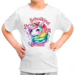 T-Shirt „Schulkind 2024“ für Mädchen mit Namen personalisiert - Geschenk Einschulung Schulbeginn Kindergartenabgänger 1. Klasse - Einhorn Pastellfarben, Weiß, Gr. 104 von True Statements