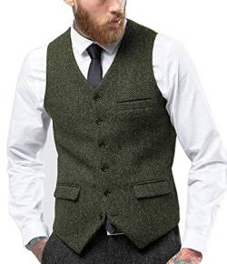 Tuikayoo Herren Fischgräten Tweed Anzug Vintage Weste Wolle schlanke Passform Abschlussball Weste（Armeegrün，XXL） von Tuikayoo