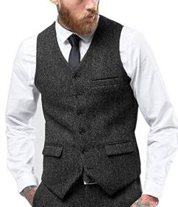 Tuikayoo Herren Fischgräten Tweed Anzug Vintage Weste Wolle schlanke Passform Abschlussball Weste（Schwarz，M） von Tuikayoo