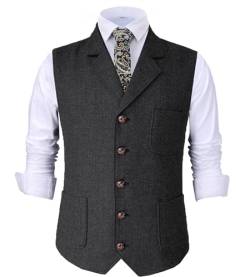 Tuikayoo Herren Retro V Ausschnitt Anzug Weste Tweed Wolle Regular Fit Weste Herringbone für Jacke (Schwarz,XXL) von Tuikayoo