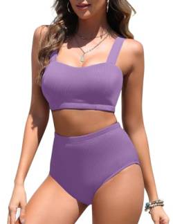 Tuopuda Badeanzug Damen Bauchweg Große Brüste Gepolstertes Bikinioberteil mit Bikinihose Sport-Schwimmanzug Sexy, Violett, S von Tuopuda