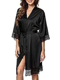 Tuopuda Bademantel Damen, Satin Kimono Morgenmantel Sommer, Nachthemd Spitze mit Taschen Kurz Robe mit Gürtel Blumenspitze Nachtwäsche Sleepwear für Party Hochzeit Braut Brautjungfern, Schwarz, XXL von Tuopuda