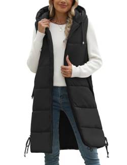 Tuopuda Damen Weste Lang mit Kapuze Herbst Winter, Steppweste Warme Daunenweste Übergangsweste Reißverschlüsse Kapuzenweste Outdoor Winterjacke Vest Ärmellos Jacke Longweste, Schwarz, S von Tuopuda