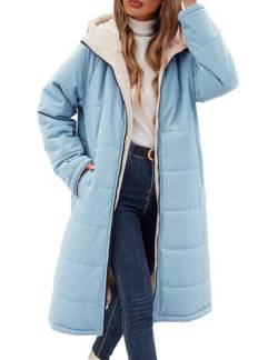 Tuopuda Damen Wintermäntel Lang Winterjacke Warm Winter Fleece Gefüttert Sweatjacke Jacke Mantel Parka Jacket mit Kapuze Teddyfleece Steppjacke Übergangsjacke Winterparka Steppmantel, Blau, L von Tuopuda