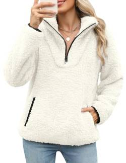 Tuopuda Pullover Damen Sweatshirt Herbst Winter Flauschig Pulli Fleece Weich Langarmshirt mit 1/4 Zip Taschen Langarm Locker Oberteile Tops Shirts Winterpullover ohne Kapuze, Weiß, S von Tuopuda