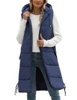 Tuopuda Steppweste Damen Lang Gefütterte Winterweste Outdoor mit Taschen Gilet Wintermäntel Pufferjacken Ärmellos Steppjacke Hooded Mantel Übergangsjacke Parka Geschenk für Frauen, Marine, M von Tuopuda