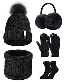 Tuopuda Wintermütze Handschuhe Damen Warme Beanie Winter Mütze Strickmütze Schal Gestrickte Handschuhe Verdickte Socken Plüsch Ohrenschützer Kombi Set Geschenk für Outdoor Sport Wärmen, Schwarz von Tuopuda