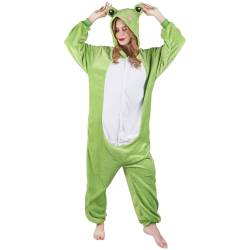 Unisex Onesie Frosch Kostüm Schlafanzug Einteiliger Pyjamas Jumpsuit Erwachsene mit Kapuze- Tier Schlafoverall Kleidung Outfit Plüsch Sleepwear Overall für Damen Herren Halloween Karneval Cosplay von Tutukyle