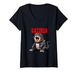 Damen Catzilla Lustiges Katzen-Lord-Design T-Shirt mit V-Ausschnitt von Two Suns