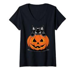 Damen Gruselige Katze Halloween Bekleidung T-Shirt mit V-Ausschnitt von Two Suns