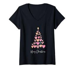 Damen Weihnachtsbaum-Herzen T-Shirt mit V-Ausschnitt von Two Suns