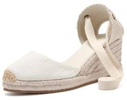 U-lite Damen Espadrille Keilsandalen Geschlossene Zehenpartie Plateau Schnürung Knöchelriemen Slingback Sommerkleid Schuhe, Weiße Leinwand, 6,35 cm (2,5 Zoll), 39 EU von U-lite