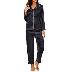 U2SKIIN Satin Pyjama Damen lang, Seiden Schlafanzug Damen Langarm Pyjama Set mit Knopfleiste Nachtwäsche Hausanzug Loungewear (Schwarz, 2XL) von U2SKIIN