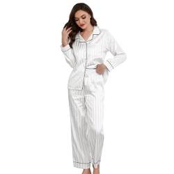 U2SKIIN Satin Schlafanzug Damen Pyjama lang Set mit Knopfleiste gestreift Zweiteiliger Seide Pyjama Nachtwäsche Loungewear (Weiß, XL) von U2SKIIN