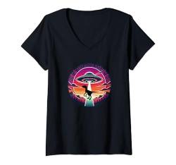 Damen Raptor Velociraptor Dinosaurier – Alien fliegende Untertasse Abduktion T-Shirt mit V-Ausschnitt von UFO Abducted Extraterrestrial for Men Women by RJ