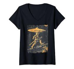 Damen Mittelalterliche Ritter Invasion außerirdische Retro-Sci Fi T-Shirt mit V-Ausschnitt von UFO Fliegende Untertasse Alien Geschenk