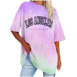 UHouse Warehouse Deal Damen Shirt Sommer Grafik Drucken Bekleidung Casual Los Angeles Baumwolle Blusen Frau T-Shirt Elegant Grafik Drucken Tshirts Rundhals Oversize Hemd Sale Lila 4XL von UHouse