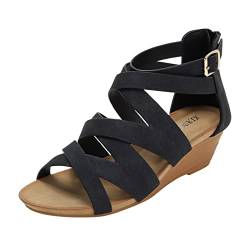 UIFLQXX Mode Frühjahr und Sommer Damen Sandalen Keilabsatz und offener Zeh hohl atmungsaktiv und bequem im römischen Stil Damen Sandalen (Black, 37) von UIFLQXX