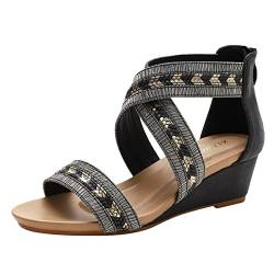 UIFLQXX Mode Frühling Sommer Damen Sandalen Mittlerer Absatz Keilrücken Reißverschluss Offene Spitze Atmungsaktiv und Bequem Farbig Römischer Stil Sandalen & Slides Für Damen (Black, 38) von UIFLQXX