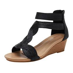 UIFLQXX Mode Frühling Sommer Damen Sandalen Mittlerer Absatz Keilrücken Reißverschluss Offene Spitze Knöchelriemen Einfarbig Bequemer Römischer Stil Sandalen Damen Sommer (Black, 41) von UIFLQXX