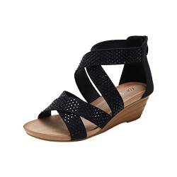 UIFLQXX Mode Sommer Frauen Sandalen Keilabsatz Offene Spitze Einfarbig Riemen Strass High Top Rückenreißverschluss Römischen Stil Sandalen & Slides Für Damen (Black, 38) von UIFLQXX