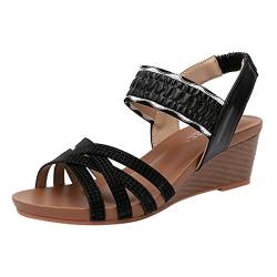 UIFLQXX Mode-Sommer-Frauen-Sandalen mit dicken Sohlen, Keilabsatz, elastischer Gürtel, offener Zeh, bequem, lässig, römischer Stil Trekkingsandalen Damen (Black, 38) von UIFLQXX