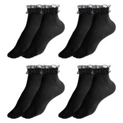 UILYNIU 4 Paar Schwarze Rüschen Socken Damen Spitzensocken Socken mit rüschen Damen Söckchen mit Rüschen Baumwoll Socken Ballettsocken Dirndl Socken Rockabilly Socken für Damen Mädchen (Schwarz) von UILYNIU