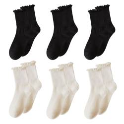 UILYNIU 6 Paar Socken mit Rüschen Damen Beige Rüschensocken Schwarze Söckchen mit Rüschen Rüschen Socken Damen Socken Dünn Bequem und Atmungsaktiv Süße Socken Solide Socken für Mädchen Damen (6 Paar) von UILYNIU