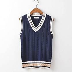 UKKO Herren Strickweste Männer Pullover Weste Verdickte V-Ausschnitt Ärmelloser Gestrickter Pullover Weste Gestreifte Retro College Stil Einfach Casual All-Match-Blue,XL von UKKO