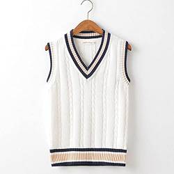 UKKO Herren Strickweste Männer Pullover Weste Verdickte V-Ausschnitt Ärmelloser Gestrickter Pullover Weste Gestreifte Retro College Stil Einfach Casual All-Match-White,L von UKKO