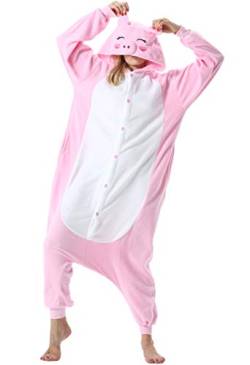 ULEEMARK Damen Herren Jumpsuit Onesie Tier Fasching Halloween Kostüm Lounge Sleepsuit Cosplay Overall Pyjama Schlafanzug Erwachsene Unisex Rosa Schwein for S von ULEEMARK