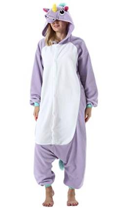 ULEEMARK Damen Jumpsuit Onesie Tier Fasching Halloween Kostüm Lounge Sleepsuit Herren Cosplay Overall Pyjama Schlafanzug Erwachsene Unisex Einhorn Lila for L von ULEEMARK