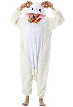 ULEEMARK Damen Jumpsuit Onesie Tier Fasching Halloween Kostüm Lounge Sleepsuit Herren Cosplay Overall Pyjama Schlafanzug Erwachsene Unisex Schaf for XL von ULEEMARK