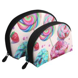 Bunte süße Lutscher-Cupcake-Donut-Make-up-Taschen-Set, 2-teiliges Kosmetiktaschen-Set, tragbare Reise-Make-up-Aufbewahrungstasche für Damen und Mädchen, weiß, Einheitsgröße, Kosmetiktasche von ULKMFFCF